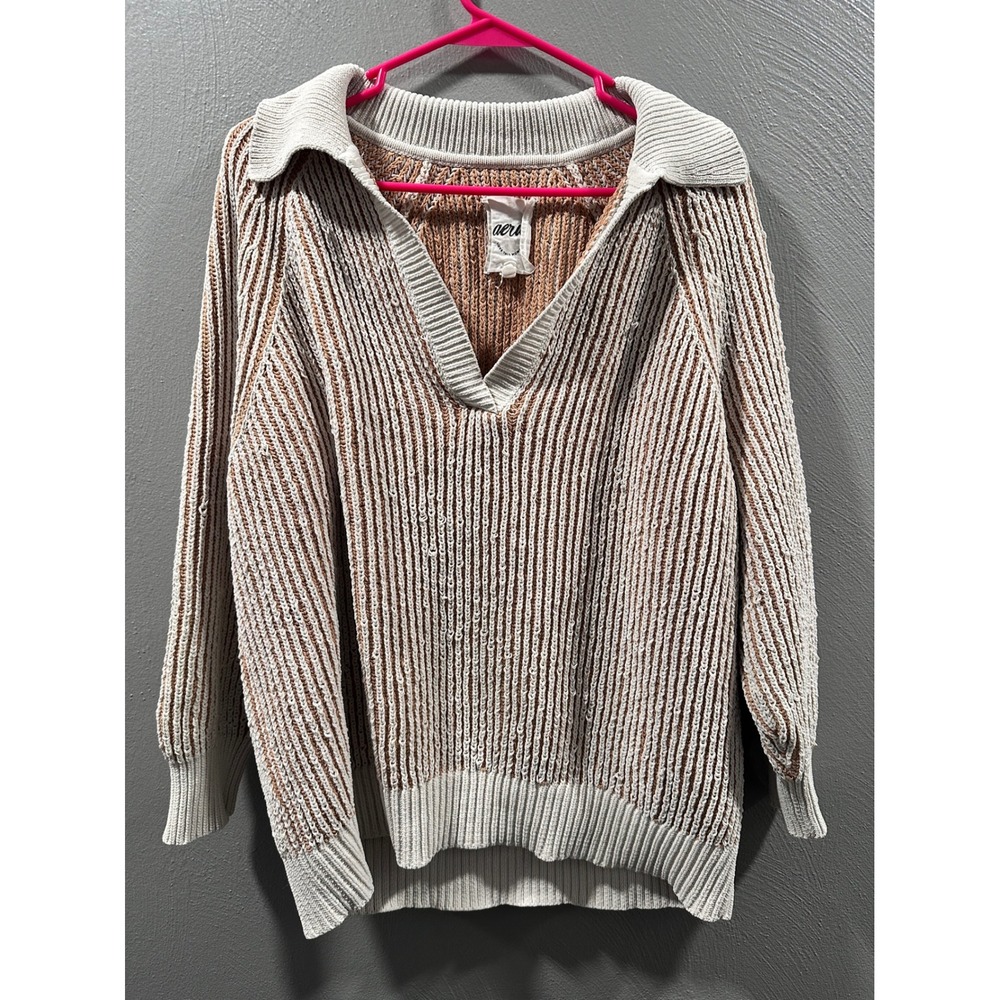 Aerie Chenille Ribbed V-Neck Polo Sweater Tan Cream Striped Oversized Medium